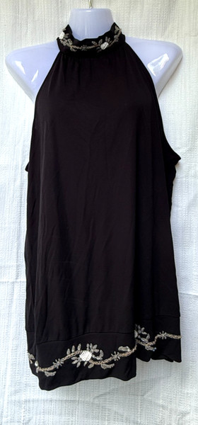 Sussan Top Size XL Black Silver Beaded High Neck Halter Summer Tunic Blouse