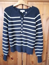 La Redoute French Style Navy/Ecru Striped Henley Jumper Cotton Blend XS/8 Vgc