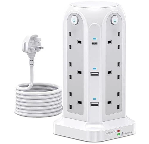 Extension 12 Way Tower Power Lead USB Multi Socket Surge Protected Socket UK - Image 4 of 4