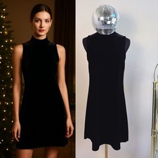 VINTAGE Cassini Black Velvet Mini Dress, Medium, Mock Neck Sleeveless 90s