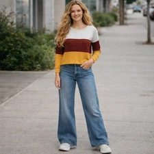 Colorblock Cutout Crew Neck Long Sleeve Sweatshirt Women Size M