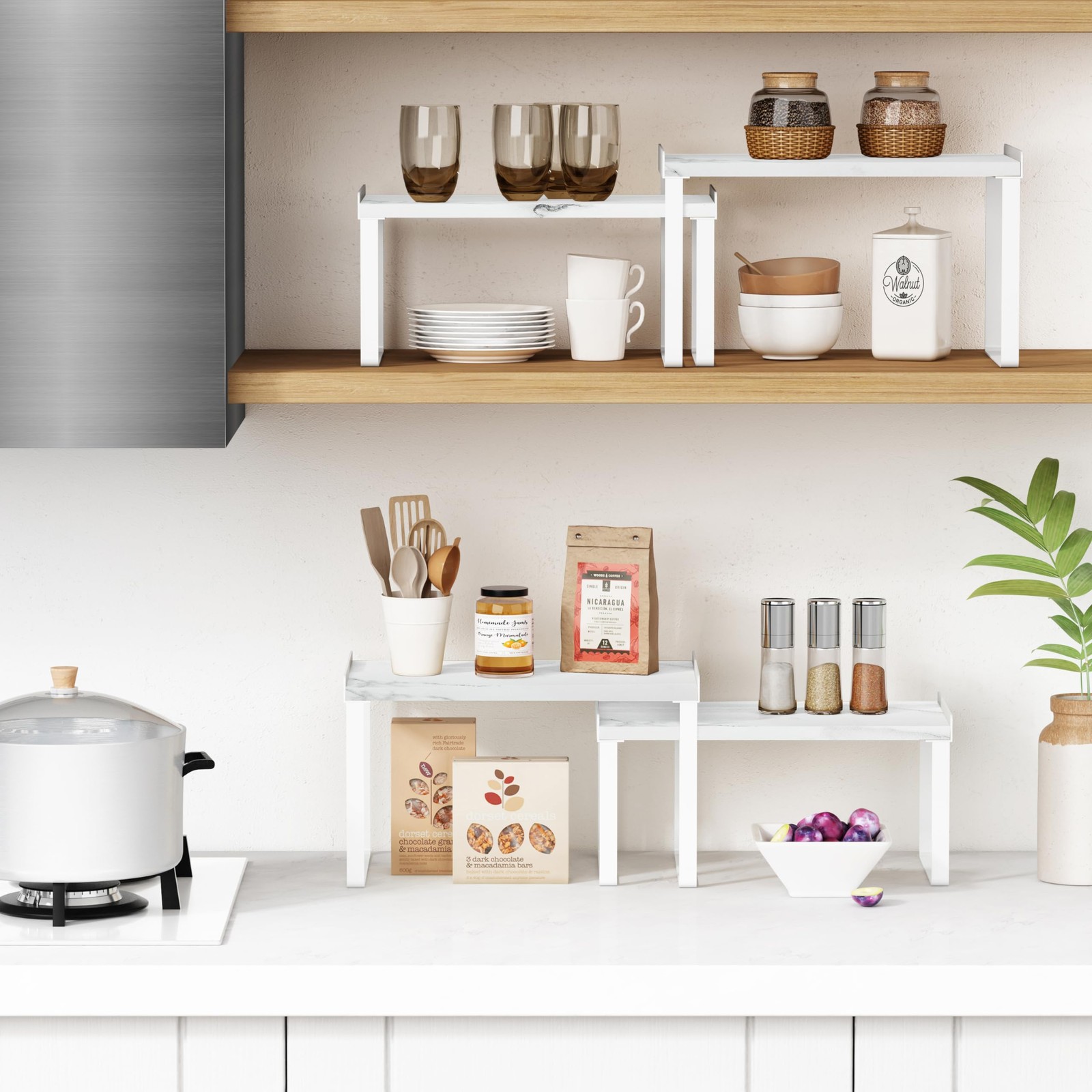 White Marble Kitchen Counter Shelf Organizer, Modern Dish Plate Organizer for...