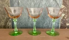 Watermelon Pink Depression Glass & Green  Uranium Champagne Coupes 4.5" Set of 3
