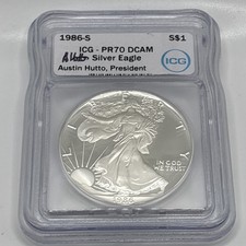 1986 S $1 American Silver Eagle 1oz ICG PR70DCAM Austin Hutto Signed