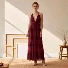 Windsor Morgan Flocked Red Velvet Dress Cocktail Sheer Maxi Sz S Wedding Guest