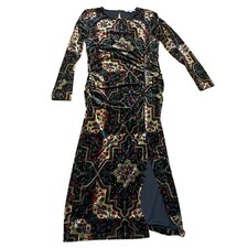 LOFT Women's 14 Velvet Ruched Midi Dress Jewel Tone Geometric Long Sleeve Slit