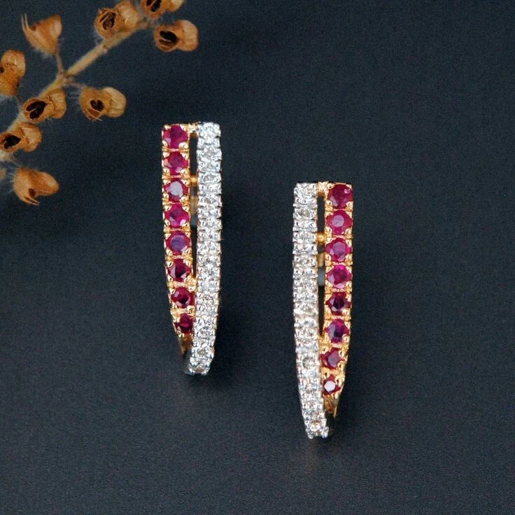Simulated Ruby & Moissanite Wedding Unique Stud Earrings In Pure 10K Yellow Gold - Image 2 of 4