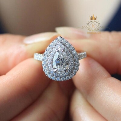 2.50 CT Pear Cut Moissanite Double Halo Engagement Ring Solid 14k White Gold