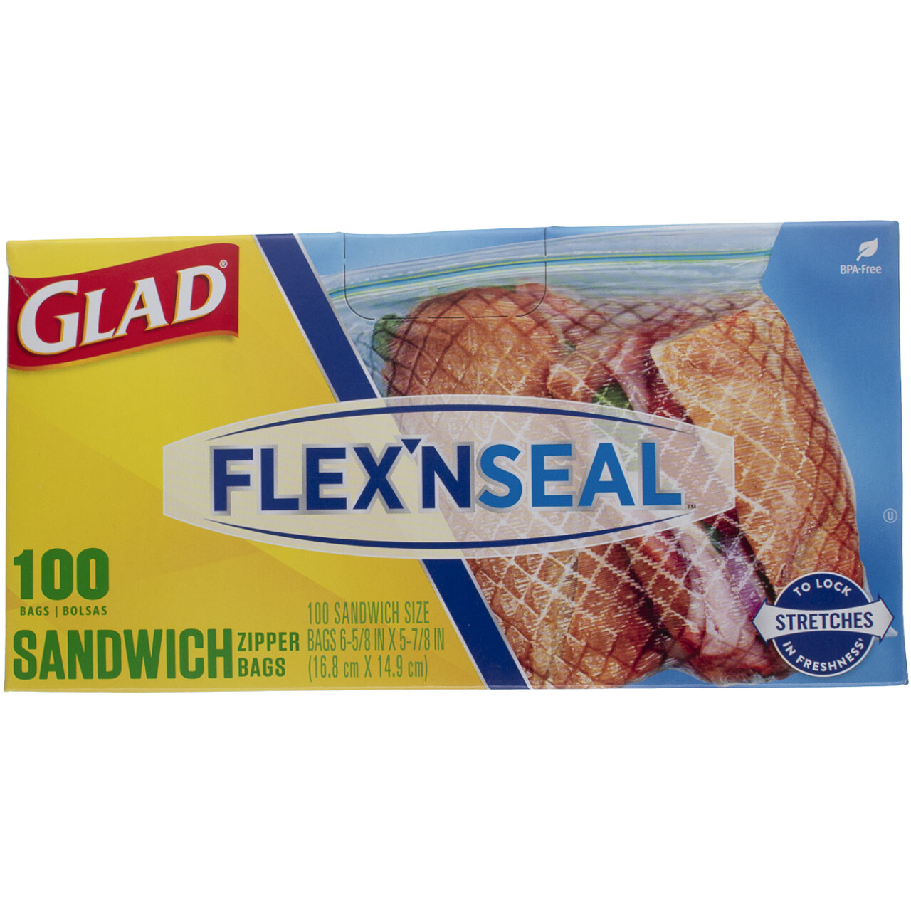 5 Pack Glad FLEX N SEAL Sandwich Zipper Bags, 16.8 cm X 14.9 cm, 12 oz, 100 Ct