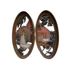 VINTAGE Burwood Wall Plaques Country Barn Farm Horse Carriage 4331/4332 