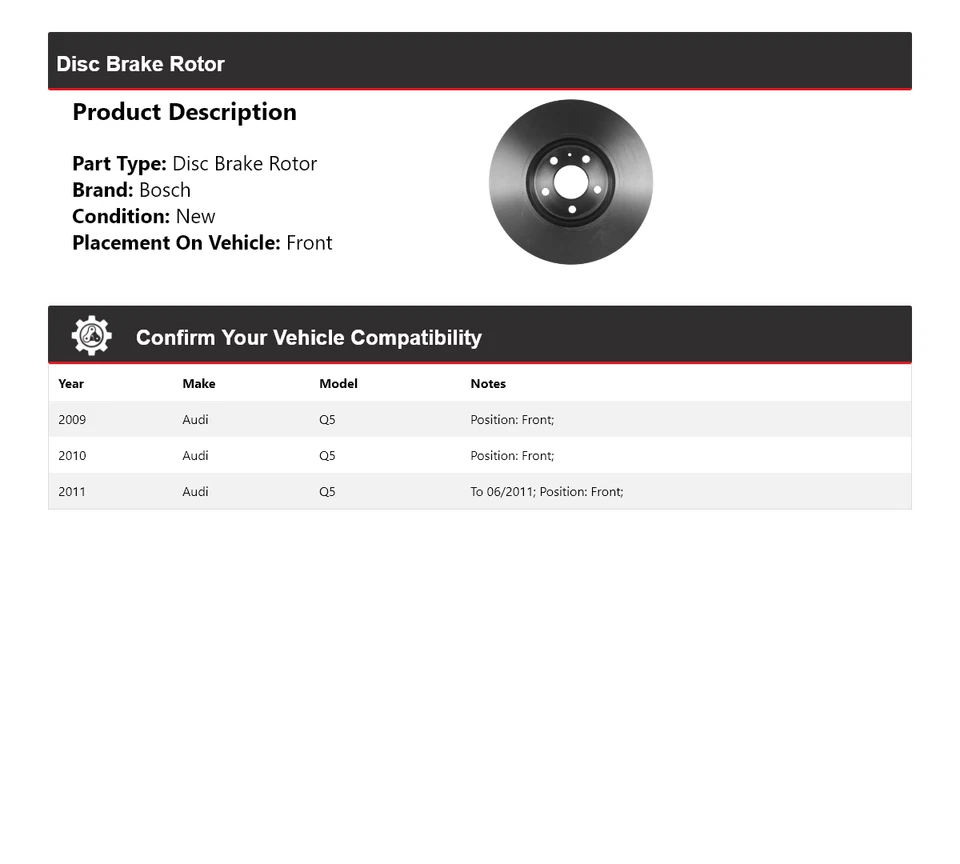 Rotor de freno de disco delantero 2010 para Audi Q5 Bosch QuietCast 2009-2011 Foto 2 de 4