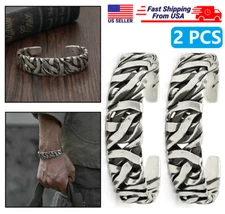 2 PCS Sterling Silver Retro Twisted Open Wide Bracelet Bangle Men's Jewelry Gift