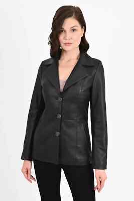 Women Black Coat Jacket Lambskin Real Soft Pure Leather 3 Button Blazer