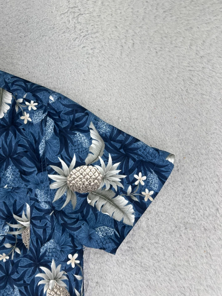 Coastal Shirt Men Medium Blue Floral Pineapple 100% Polyester Button Hawaiian - Image 2 of 4