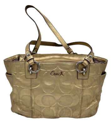 COACH ゴールド (2点) COACH Gold & Tan Signature Handbag Purse w/ Center Clasp Closure