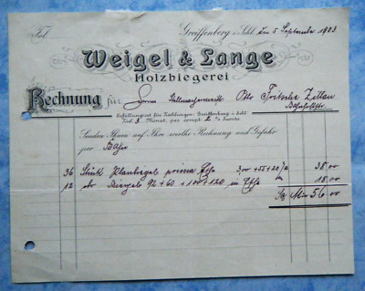 alte Rechnung vom 5.9.1903 Weigel & Lange Holzbiegerei Greiffenberg Schlesien 