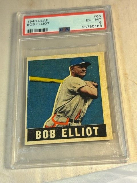 1948 LEAF # 65 BOB ELLIOTT BOSTON BRAVES PSA EX-MT 6 BASEBALL CARD.