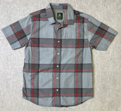 prAna Shirt Mens Large Breathe Gray/Red Plaid Button Shirt Down Short Sleeve