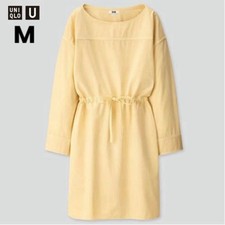 UNIQLO U Yellow Drawstring Waist Dress, 3/4 Sleeve, Casual Female Layered