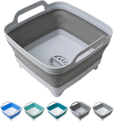 Dishpan for Washing Dishes, 2.4Gal/9L Wash Basin with Draining Plug Carry Handle