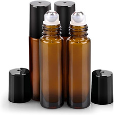4 Pack Essential Oil Roller Bottles Stainless Steel, 10Ml Amber Glass Roller Bot