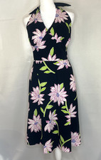 Karin Stevens 90s Black Floral Halter Dress Tie Back Y2K Rockabilly Size 12