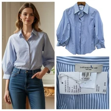 New Lafayette 148 Blouse Women Blue Pin Stripe Balloon Sleeve Size 4 Preppy NWT