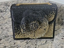 OSCAR DE LA RENTA BLACK GOLD OMBRE CRYSTAL FLOWER CROSSBODY BAG EVENING HANDBAG