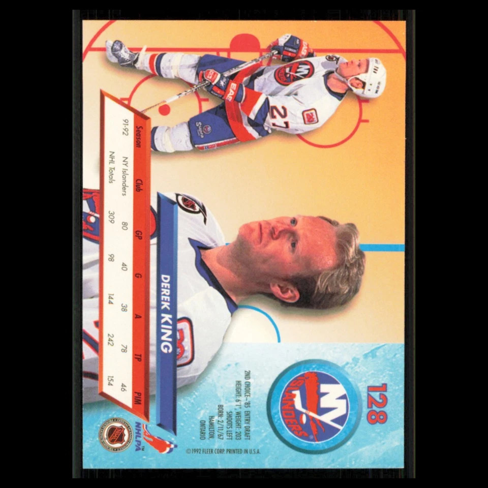 Derek King #128 1992 Fleer Ultra New York Islanders Hockey Card NHL NM - Image 2 of 3