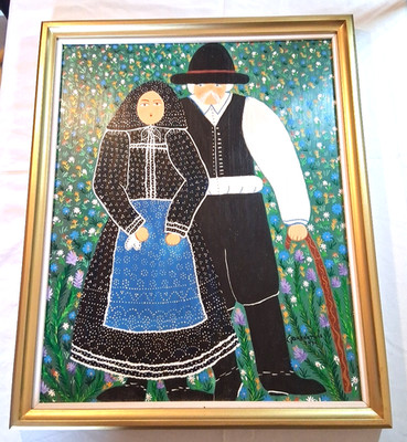 Hungary Folk Art Farm Couple Oil Painting on Board Ilona Toth Gombkotone SIgned