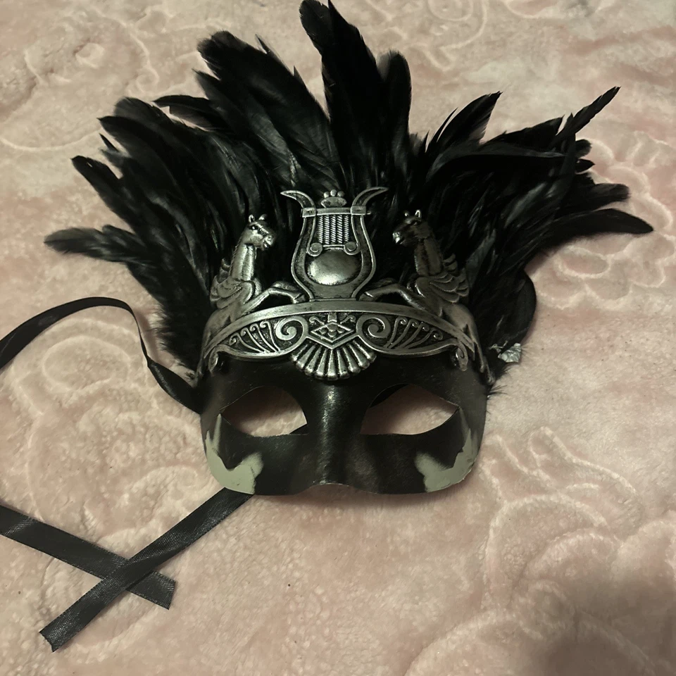 Venetian Brocade Lace Mardi Gras Prom Masquerade Ball Mask with Feather Blue - Image 2 of 4