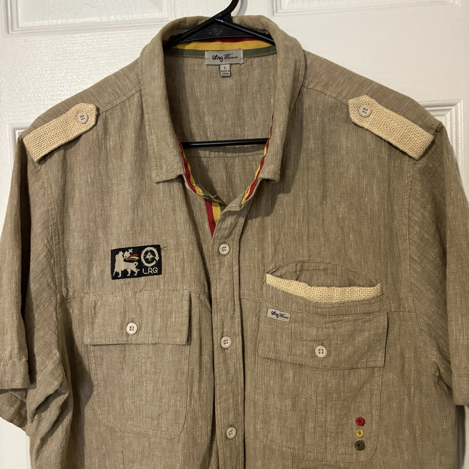 LRG Rasta Men’s L Short Sleeve Woven Button-Up Shirt Beige Linen Cotton Blend