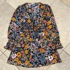 WAYF Mini Dress Womens M Black Multi Floral Long Sleeve Smocked V-Neck Boho