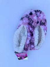 NWT Warm Snuggly Ballerina Slippers Pink Love Print Faux Sherpa One Size FS