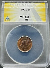 1901 INDIAN HEAD CENT ANACS MS64 RB RED BROWN 12EH25