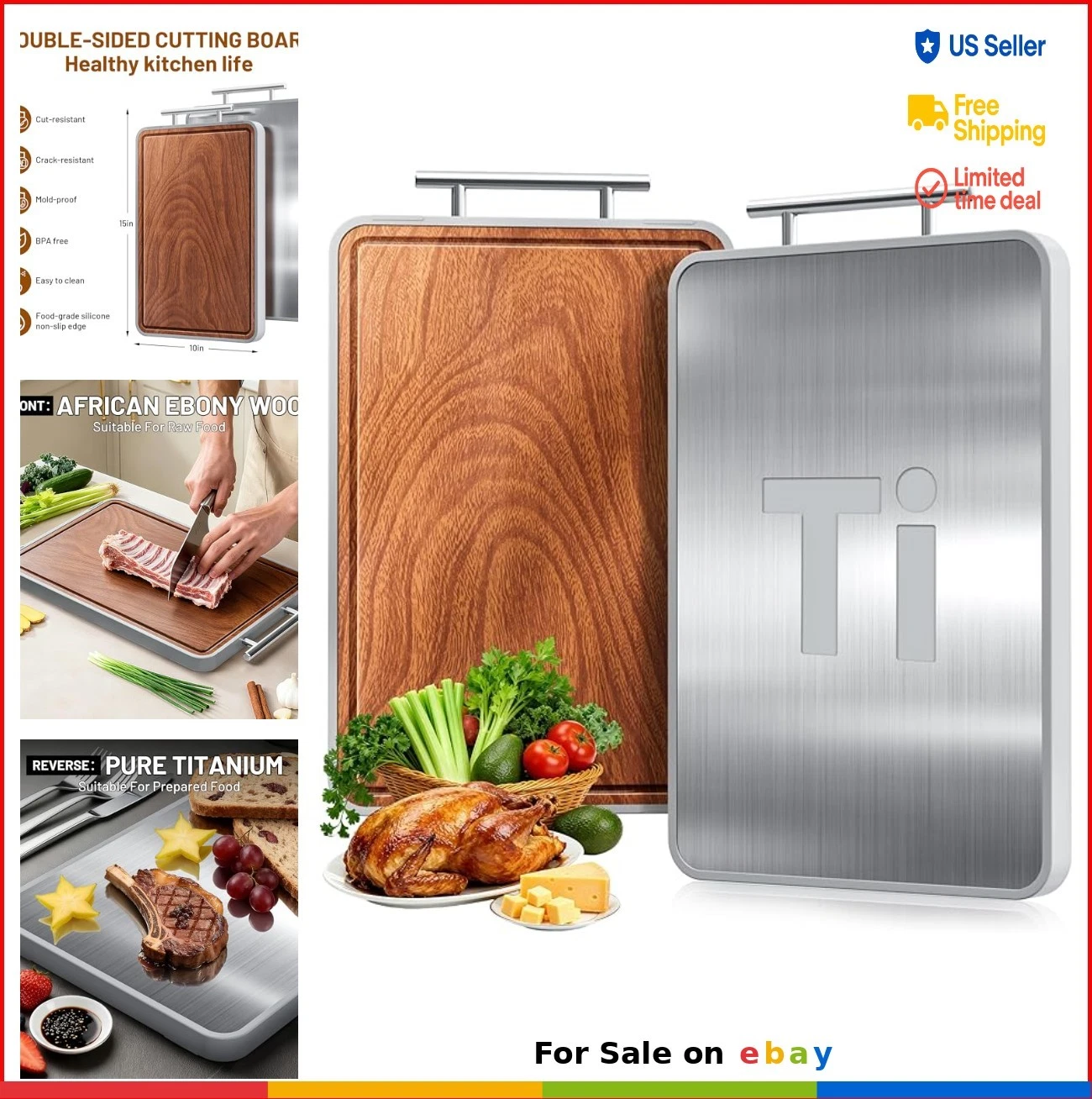 Cutting Board Dual Sided Titanium Ebony Wood 15x10 Inch with Handle Juice Groove