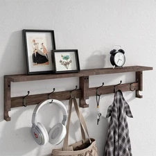 Coat Hooks, Wood Rack Wall-Mounted, 31.5 Inch Entryway Shelf 31.6 Inch, Brown 