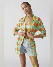 Urban Outfitters Crochet Swimsuit Coverup Blue + Orange Granny Square NWOT $68