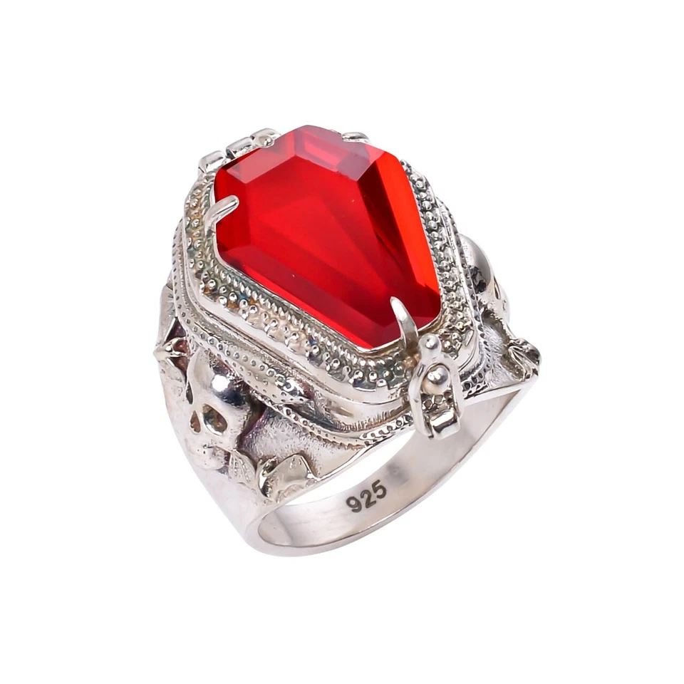Skull Coffin Poison Ring, Red Garnet Gemstone 925 Silver Handmade Poison Ring, - Image 2 of 4