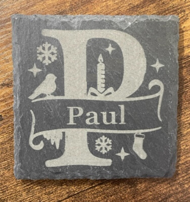 Personalisierte Weihnachten Schiefer Getränke Untersetzer, individueller Name & Initiale
