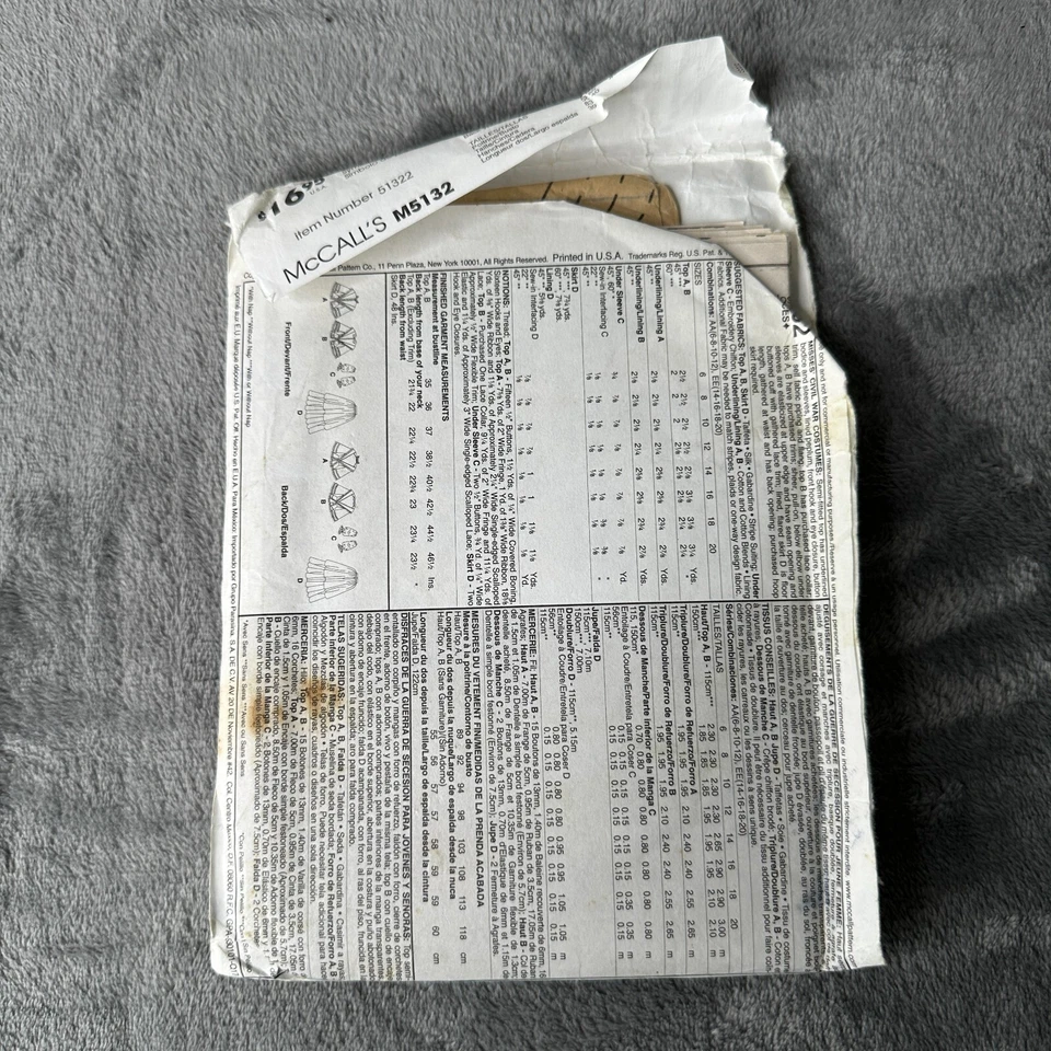 McCalls Pattern M5132  Sz 14-20 Civil War Reenactment Skirt Top Cosplay Costume - Image 4 of 4