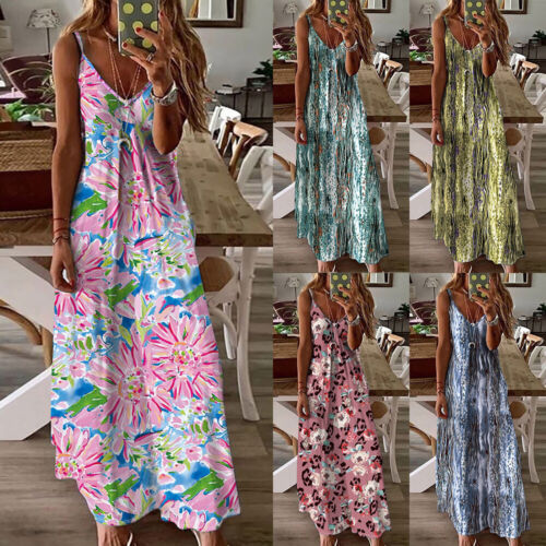 Women's A-Line Strappy Long Dress V Neck Slip Dress Multiple Printing Summer - - Picture 1 of 17