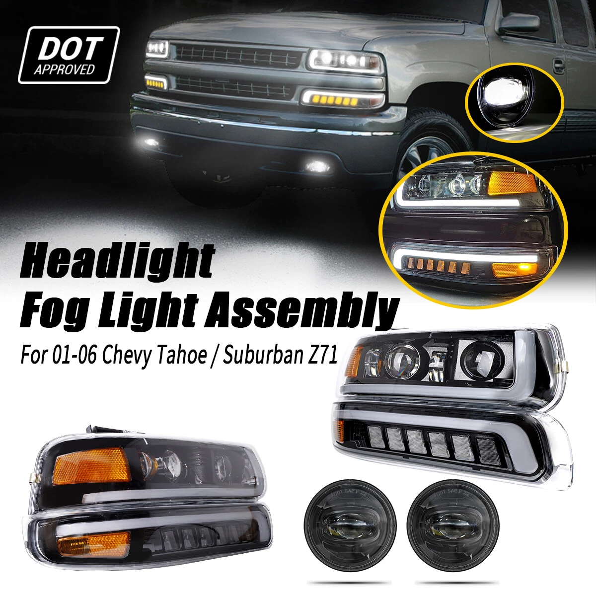 LED Headlights Fog Lights Assemblies For 2001 2006 Chevy Tahoe