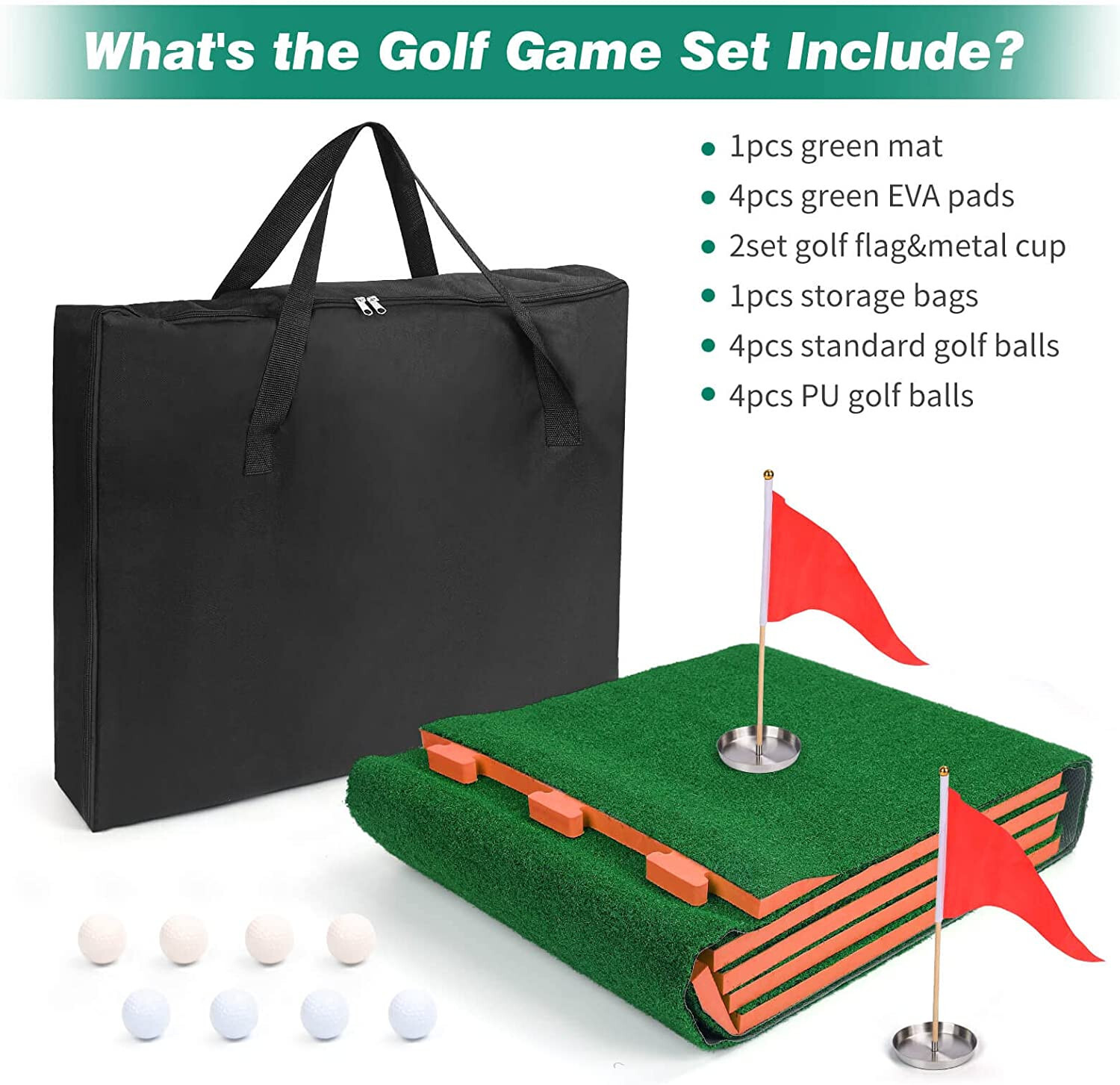 Golf Putting Mat Practice Golf Pong-Game with 4 Putting Pads and 8pcs Golf Balls