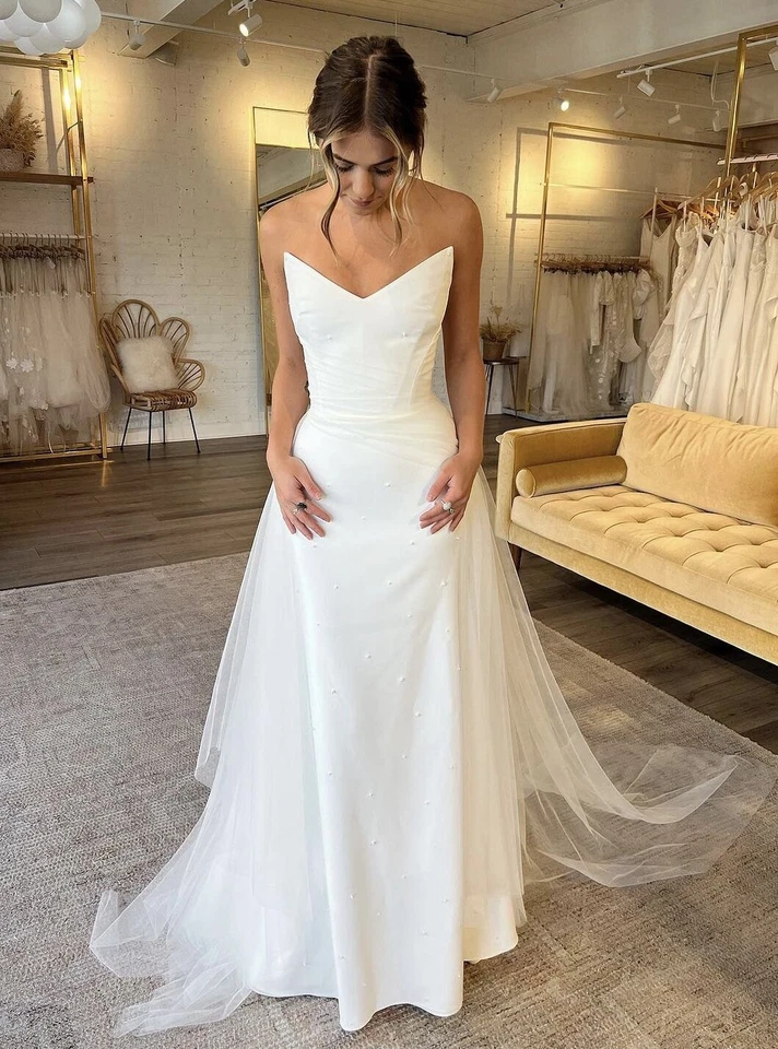 Vestidos de novia sin tirantes blanco satinado línea A perla tul encaje playa vestido de novia Foto 3 de 4