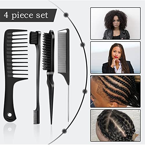 Hair Styling Set - 4 Brushes (Edge, Bristle, Rat Tail, Wide Tooth) for Slick 