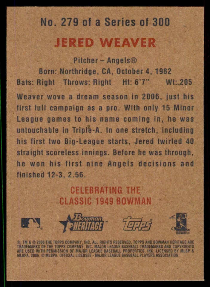 2006 Bowman Heritage Jered Weaver Los Angeles Angels #279 - Image 2 of 2