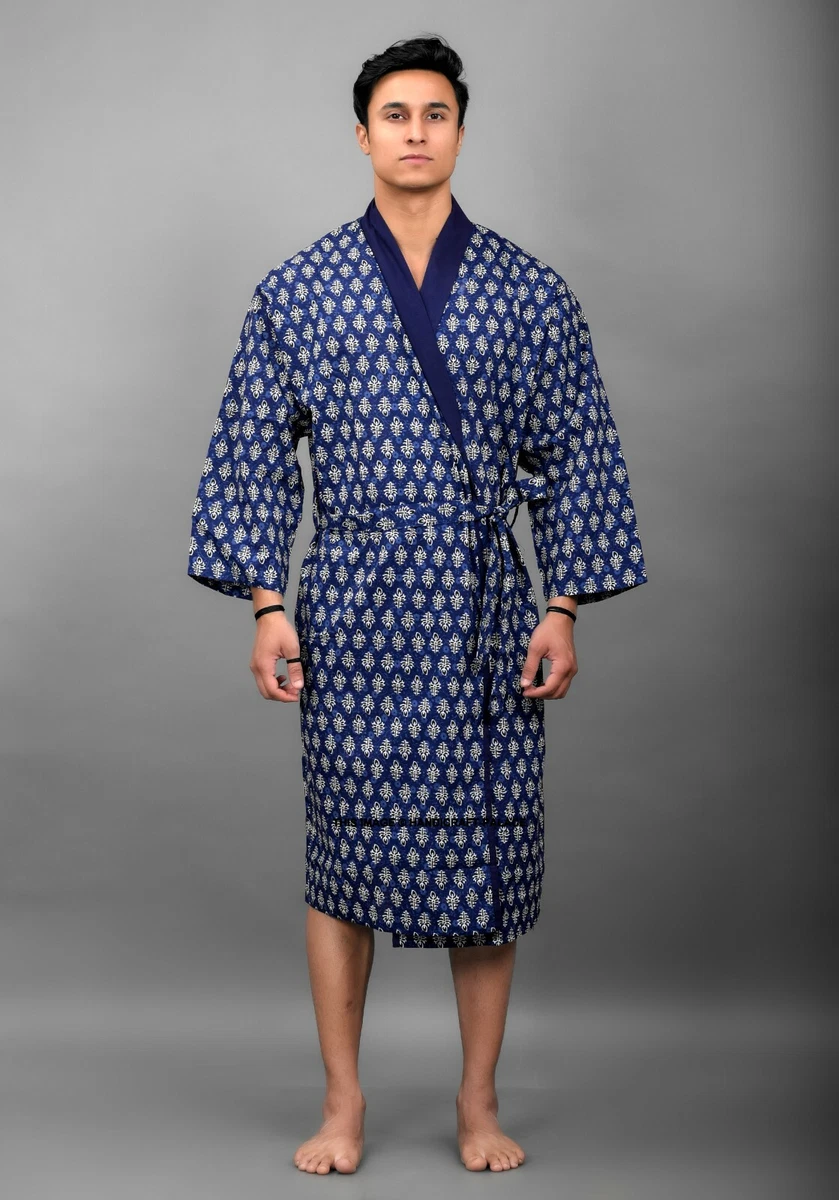 Mens Bath Robe Dressing Gown Soft Cotton Printed Wrap Lounge Wear