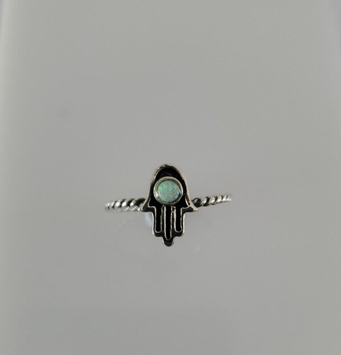 Sterling Silver Hamsa White Simulated Imitation Opal Ring - Picture 2 of 9