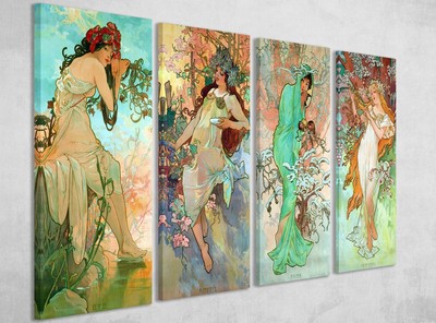 Alphonse Mucha Die vier Jahreszeiten 1, 4 x Leinwand Wandkunst Bild Posterdruck
